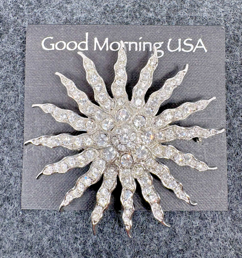 NWT Vintage Good Morning USA Rhinestone Sunburst Brooch Pendant Large Sun Pin